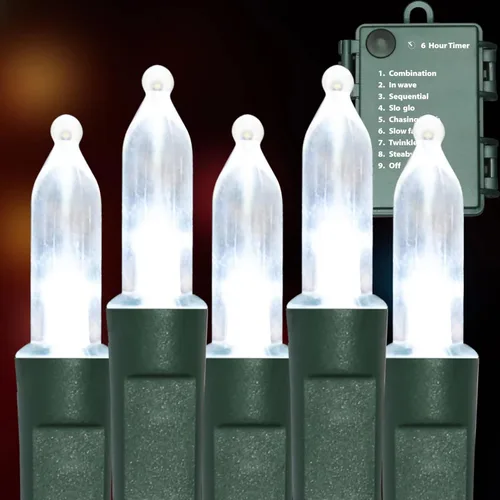 Vista 7 de 50 luces LED C6, alambre verde, estuche de batería impermeable, funciones múltiples, temporizador, blanco frío