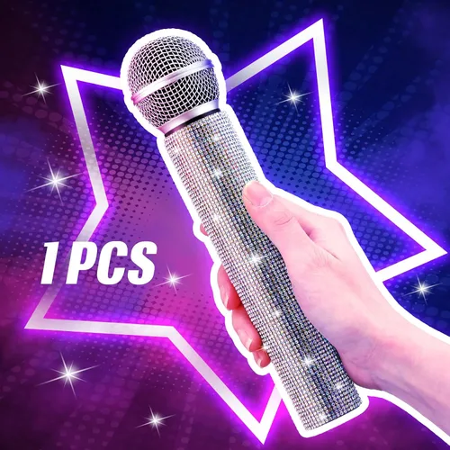 Vista 4 de Sanwuta Micrófono falso con diamantes de imitación brillantes, micrófono de juego de plástico con purpurina para disfraz de fiesta de cosplay