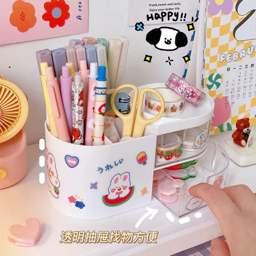 Vista 6 de Organizador de escritorio Kawaii con cajones para adolescentes y niñas, lindo organizador de escritorio Kawaii con calcomanías, suministros Rosa