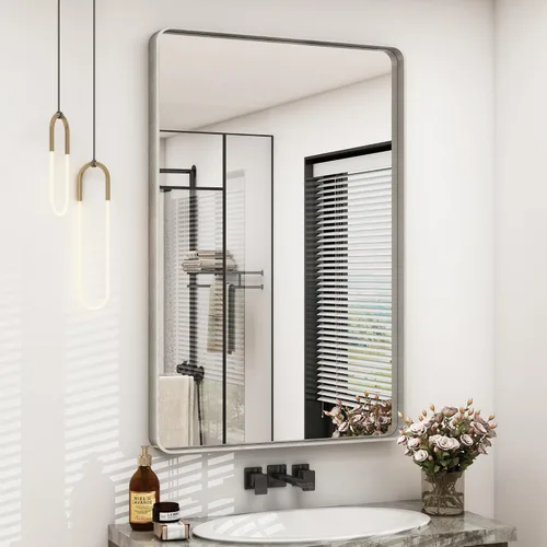 Vista 65 de Paquete de 2 espejos de baño con marco de metal negro de 22 x 30 pulgadas, espejo rectangular redondeado negro mate, antioxidante, se cuelga