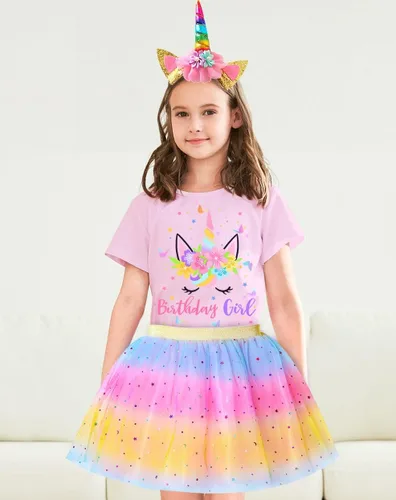 Vista 2 de Doctor Unicorn Conjunto de cumpleaños para niñas, vestido con falda de tutú, camiseta de unicornio, diadema y banda de satén