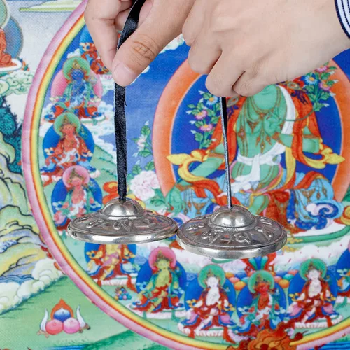 Vista 9 de ZenBless Platillos tibetanos Tingsha 2 piezas, con caja de almacenamiento y funda de tela, campanas de meditación sánscrito de latón blanco