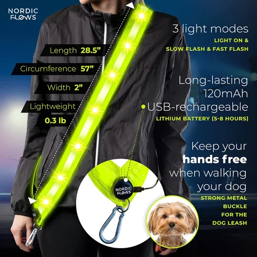 Vista 3 de Chaleco de seguridad con luces LED recargables NordicFlows – Banda reflectante e iluminada para paseos nocturnos, correr y pasear al perro