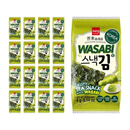 Vista 13 de Wang Bocadillos de algas coreanas con sabor a kimchi, hojas de algas tostadas crujientes, aperitivo saludable de marihuana, keto, vegano, sin
