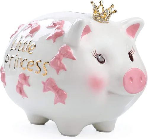 Vista 6 de Alcancía de cerámica, banco de monedas, caja de dinero de princesa corona para niña (rosa, 8.3 pulgadas de largo)