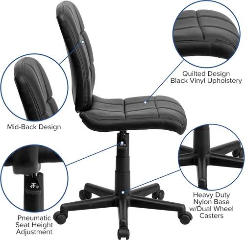 Vista 4 de Flash Furniture - Silla giratoria de respaldo medio de vinilo, acolchada, color negro