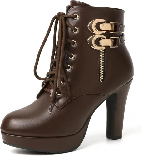 Vista 28 de Susanny Botas de tacón alto para mujer, Botas de plataforma con tacón sexy de puntera redonda con agujetas, tacón alto, botas de media pantorrilla
