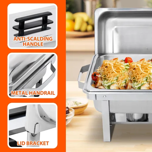 Vista 5 de SUPER DEAL Paquete de 2 calentadores de alimentos de 9 cuartos de galón, juego de bufé rectangular con patas de marco plegable, plato de acero
