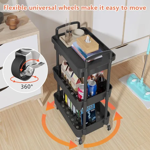 Vista 8 de Calmootey Carrito utilitario rodante de 3 niveles con cajón, organizador de almacenamiento multifuncional con estante de plástico y ruedas de metal