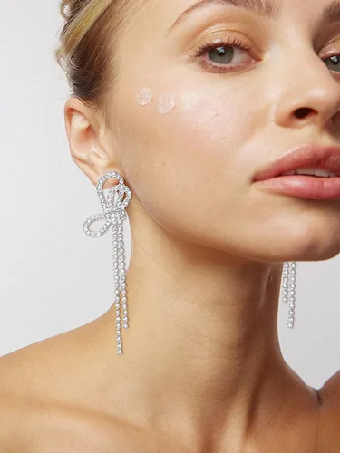 Vista 6 de Aretes de lazo para mujeres, adolescentes y niñas, aretes colgantes de perlas doradas de moda, con lazo, boda, fiesta, accesorio de joyería diaria