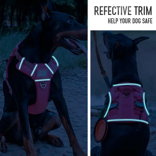 Vista 9 de Arnés táctico para perros medianos y grandes, color rosa, ajustable, sin tirones, con asa, chaleco reflectante resistente, talla S Rosado