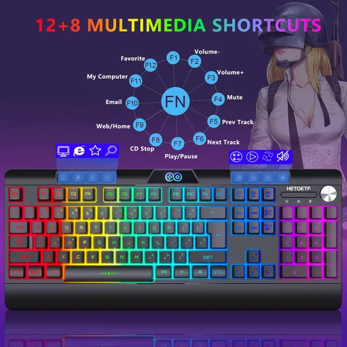 Vista 3 de Combo de teclado y mouse inalámbricos para juegos con retroiluminación LED arco iris, batería recargable de 4000 mAh, mecánica, ergonómica