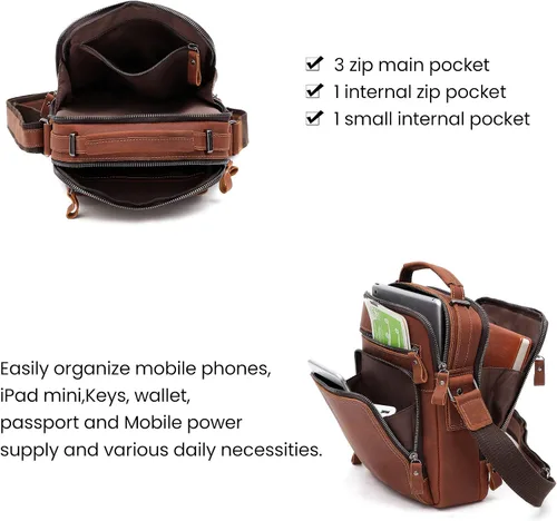 Vista 4 de Bolso bandolera pequeño de cuero genuino para hombre, bolso cruzado de hombro vintage para trabajo, viajes de negocios