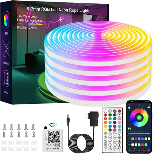 Vista 9 de Luces de Cuerda de Neón, Tiras de Luces LED RGB de 65.6 Pies, Control por Aplicación, Control Remoto IR, Sincronización de Música, Impermeable IP67