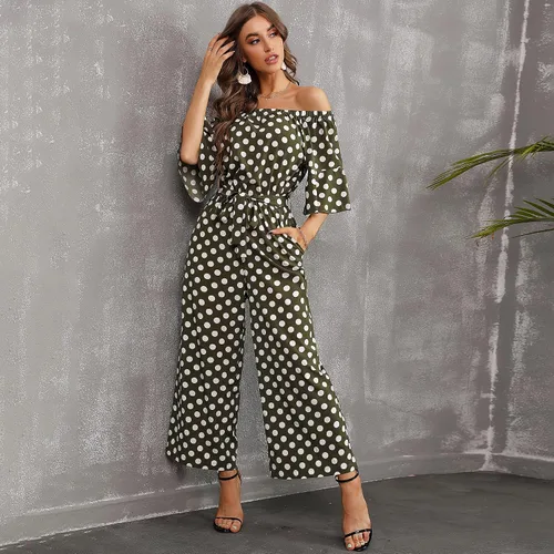 Vista 6 de Love Welove Fashion - Overol para mujer, diseño floral, hombros descubiertos, con volantes, manga corta, cintura alta, pantalones de pierna ancha