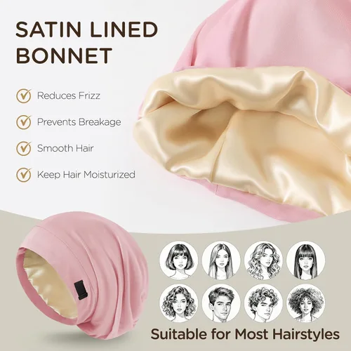 Vista 4 de 2 gorros de satén para dormir para mujer, Multi Adjustable Slouchy Beanie Hat, Night Sleep Cap Hair Wrap for Curly & Natural Hair