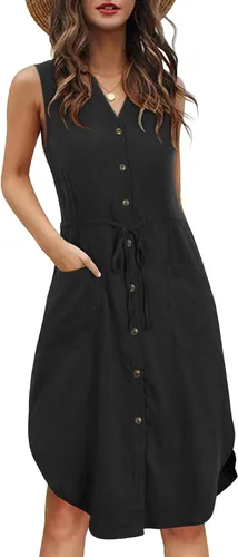 Vista 2 de KILIG Vestido casual de verano con cuello en V, sin mangas, con botones, elástico y bolsillos