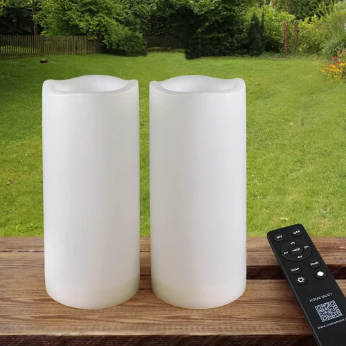 Vista 9 de Paquete de 2 velas LED blancas de 3 x 6 pulgadas para exteriores IP65 impermeables, velas de pilar alimentadas con temporizador y control remoto