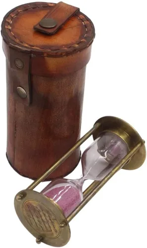 Vista 5 de Reloj de arena de latón con cita inspiradora de Thoreau Temporizador de arena atemporal con funda de cuero de primera calidad Elegante
