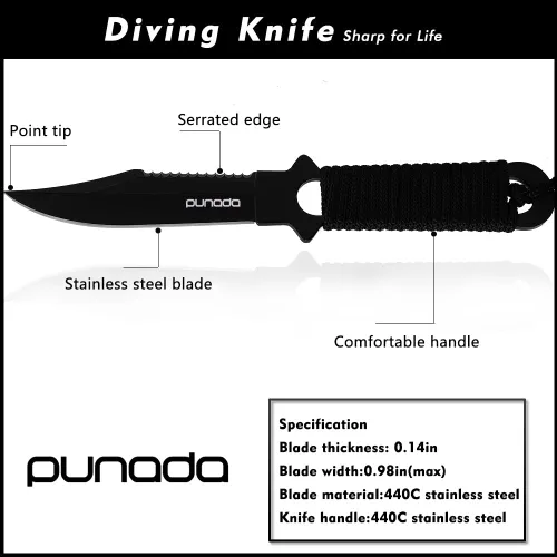 Vista 2 de Cuchillo de buceo punada - Cuchillo de buceo con funda, 2 tipos de fundas, 2 pares de correas para muslos y piernas, cuchillos premium negros