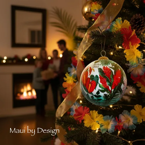 Vista 2 de Cornucopia Maui ornamento de Navidad de cristal pintado a mano con caja de regalo, recuerdo coleccionable CC/M