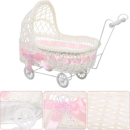 Vista 8 de Cesta de mimbre de mimbre de imitación para cochecito de bebé, con forma de carrito, cesta multiusos de caramelo para baby shower, fiesta