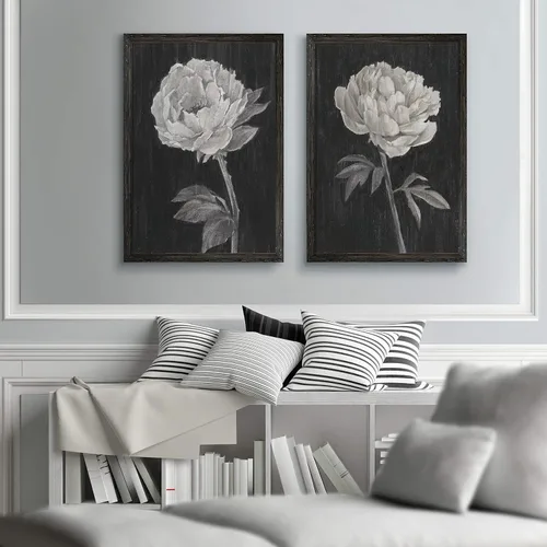 Vista 2 de Renditions Gallery- Lienzo enmarcado con flores blancas y negras Flores blancas y negras 1 juego/marco negro