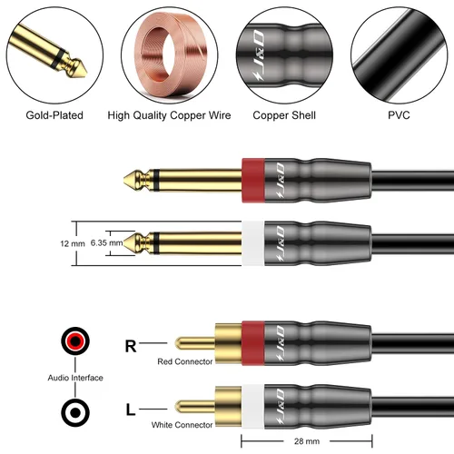 Vista 2 de J&D Cable dual TS de 1/4 de pulgada a RCA dual, adaptador resistente de 1/4 macho a RCA macho, cable de interconexión de audio estéreo de un cuarto