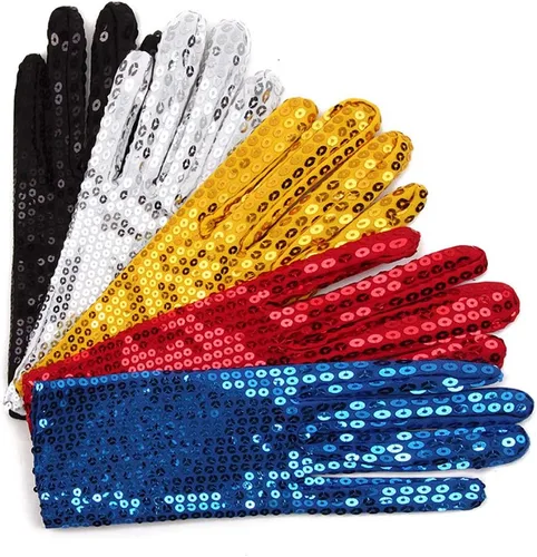 Vista 2 de GSHLLO Guantes de lentejuelas para disfraz de cosplay para adultos, plateado, M