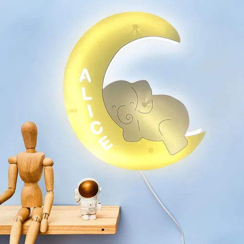 Vista 2 de Luz nocturna personalizada para niños, niñas, niños, lindo diseño de elefante y luna, con nombre grabado, lámpara de pared acrílica, regalos