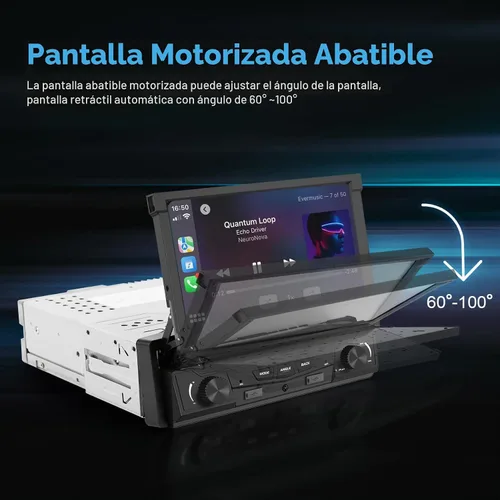 Vista 2 de [Motorizado] Y-METDRIVING estéreo de coche de un solo DIN de 7 pulgadas con pantalla táctil abatible con Apple Carplay inalámbrico y Android Auto