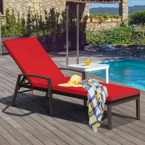 Vista 7 de RELAX4LIFE Tumbona para exteriores, silla de piscina de ratán ajustable de 5 posiciones con cojín, silla reclinable, marco de metal, tumbona de Rojo
