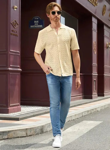 Vista 8 de JMIERR Suéter casual de punto de ganchillo para hombre, polo de manga corta, con botones, camisas de playa