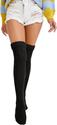 Vista 5 de YELAIVP Slouch - Calcetines altos de punto trenzado para mujer, por encima de la rodilla, botas extralargas, calentadores de piernas