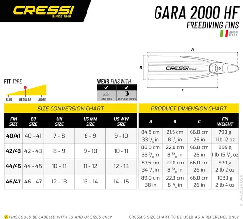 Vista 5 de Cressi Aletas largas reactivas de buceo libre - Alto rendimiento, buen control - Gara 2000 HF: Made in Italy