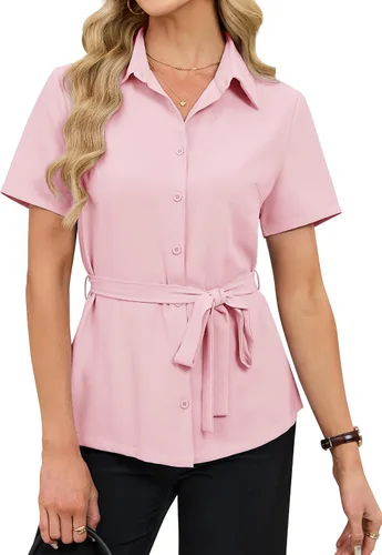 Vista 10 de Blooming Jelly Camisa con botones para mujer, cuello con lazo, manga corta, casual, para negocios, blusa de trabajo a la moda de verano