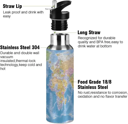 Vista 2 de AUUXVA Globe World Map - Botella de agua de acero inoxidable aislada al vacío, botella de agua para niños con popote y asa para mantener el calor