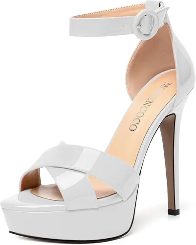 Vista 106 de MODENCOCO Sandalias de boda con correa de tobillo sexy para mujer, con plataforma y puntera abierta, tacón de aguja y tacón alto, zapatos de vestir