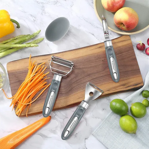 Vista 2 de To encounter Juego de pelador de verduras, pelador de acero inoxidable con cepillo de limpieza, juego de 4 utensilios de cocina ergonómicos ultra
