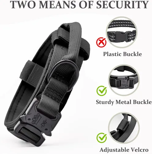 Vista 4 de Collar táctico para perro, collar ajustable de nailon para entrenamiento militar con mango de control y hebilla metálica de liberación rápida pesada