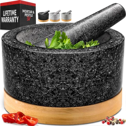 Vista 16 de Priority Chef Juego de mortero y mazo de alta resistencia con base de bambú, molinillo de piedra de granito 100% natural, tazón y machacador de Negro