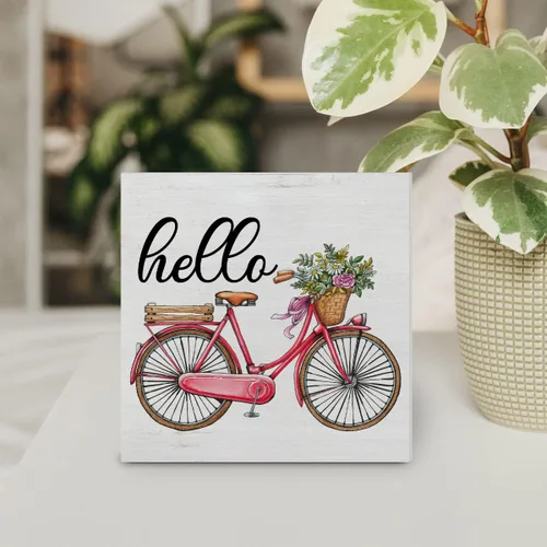 Vista 4 de Letrero de madera de verano, decoración de escritorio, letrero de Hello Floral Bicicleta, caja de madera, letrero de bloque de granja, estante