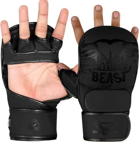 Vista 9 de BEAST RAGE Guantes MMA para Hombres Mujeres, Muñequeras Ajustables de Palma Abierta para Artes Marciales Grappling Sparring para Muay Thai Lucha