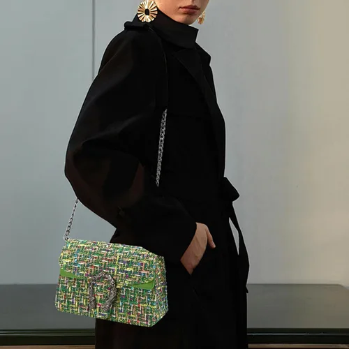 Vista 6 de Bolsos y bolso de mano de tweed para mujer, de piel sintética, con cadena de lana, bolso de hombro, bolso cruzado para las axilas, bolso de mano