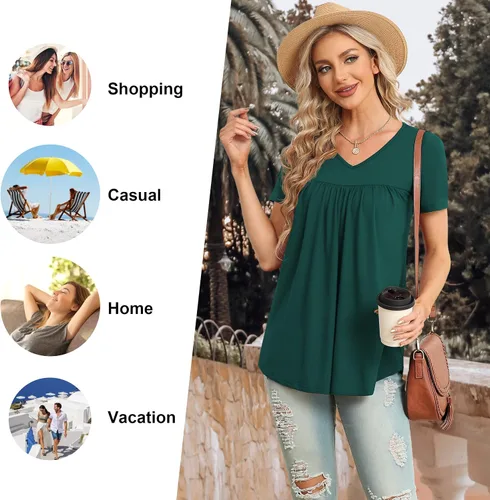 Vista 4 de LAOLASI Blusa de verano para mujer, cuello en V, manga corta, casual, holgada