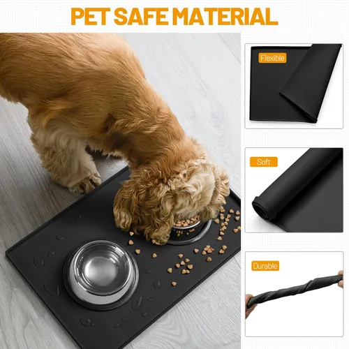 Vista 5 de Hubulk Tapete de alimentación para perros, 100% impermeable, de silicona de grado alimenticio, mantel individual para alimentos y agua para Negro