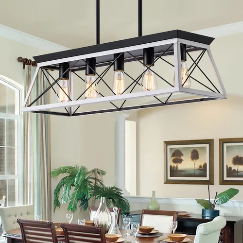 Vista 9 de Candelabros de granja para comedor, lámpara rústica para isla de cocina, lámpara colgante lineal de 5 luces, lámpara rectangular, luces de techo
