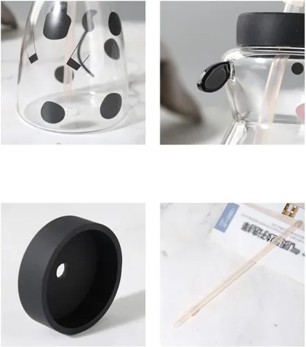 Vista 7 de Vaso de cristal transparente con tapa y pajita de dibujos animados de vaca