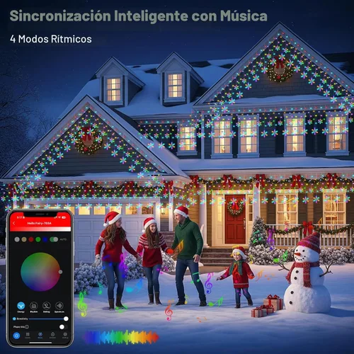 Vista 2 de Luces de carámbanos inteligentes de 16 pies con copo de nieve para exteriores, control de aplicación, cambio de color DIY, 16 gotas, 208 LED, luces