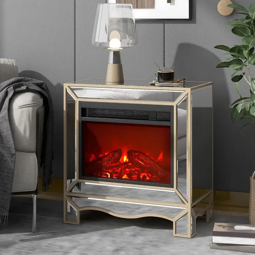 Vista 2 de DEINPPA Chimenea eléctrica con espejo con control remoto y diamantes de imitación, chimenea independiente con llama 3D para sala de estar